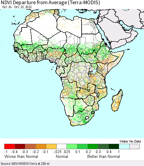 Africa NDVI Departure from Average (Terra-MODIS) Thematic Map For 10/16/2022 - 10/23/2022