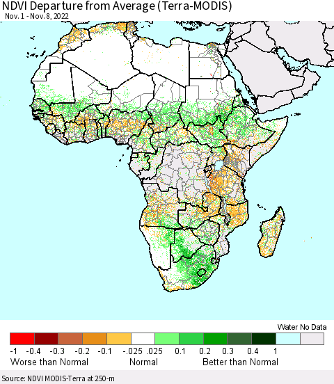 Africa NDVI Departure from Average (Terra-MODIS) Thematic Map For 11/1/2022 - 11/8/2022