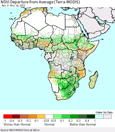 Africa NDVI Departure from Average (Terra-MODIS) Thematic Map For 11/9/2022 - 11/16/2022