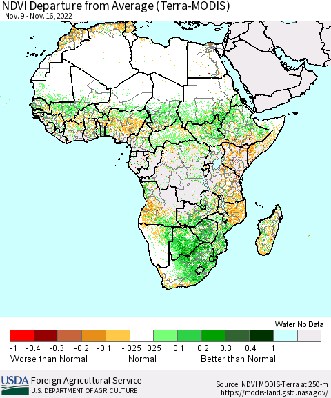 Africa NDVI Departure from Average (Terra-MODIS) Thematic Map For 11/11/2022 - 11/20/2022