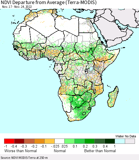 Africa NDVI Departure from Average (Terra-MODIS) Thematic Map For 11/17/2022 - 11/24/2022