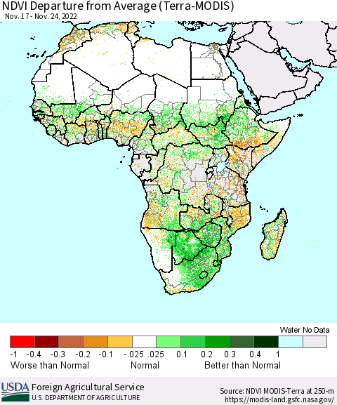 Africa NDVI Departure from Average (Terra-MODIS) Thematic Map For 11/21/2022 - 11/30/2022