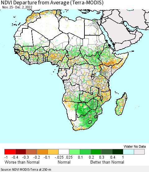 Africa NDVI Departure from Average (Terra-MODIS) Thematic Map For 11/25/2022 - 12/2/2022