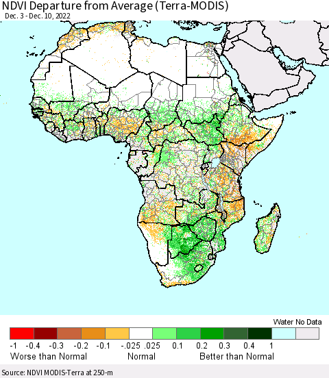 Africa NDVI Departure from Average (Terra-MODIS) Thematic Map For 12/1/2022 - 12/10/2022