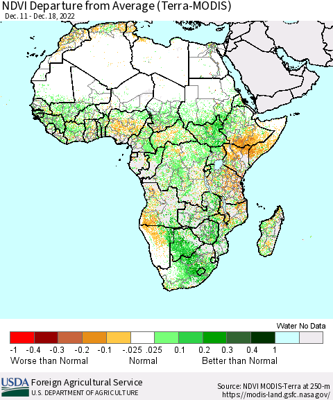 Africa NDVI Departure from Average (Terra-MODIS) Thematic Map For 12/11/2022 - 12/20/2022