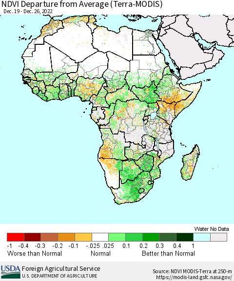 Africa NDVI Departure from Average (Terra-MODIS) Thematic Map For 12/21/2022 - 12/31/2022