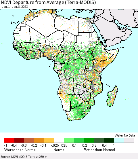 Africa NDVI Departure from Average (Terra-MODIS) Thematic Map For 1/1/2023 - 1/8/2023