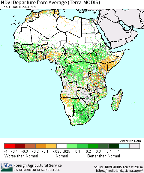 Africa NDVI Departure from Average (Terra-MODIS) Thematic Map For 1/1/2023 - 1/10/2023