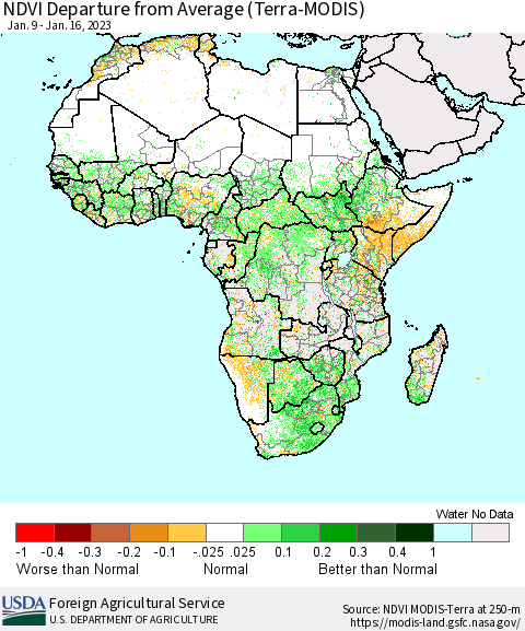 Africa NDVI Departure from Average (Terra-MODIS) Thematic Map For 1/11/2023 - 1/20/2023