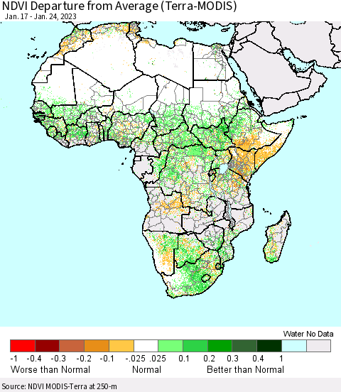 Africa NDVI Departure from Average (Terra-MODIS) Thematic Map For 1/17/2023 - 1/24/2023
