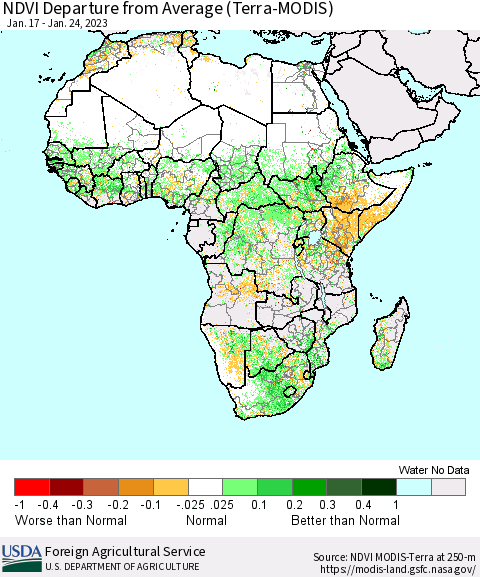 Africa NDVI Departure from Average (Terra-MODIS) Thematic Map For 1/21/2023 - 1/31/2023