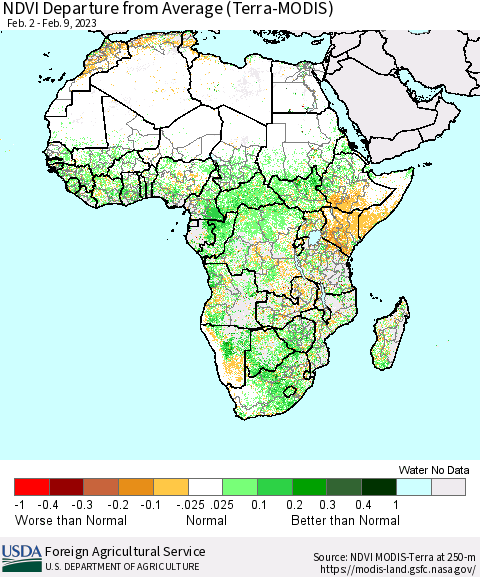 Africa NDVI Departure from Average (Terra-MODIS) Thematic Map For 2/1/2023 - 2/10/2023