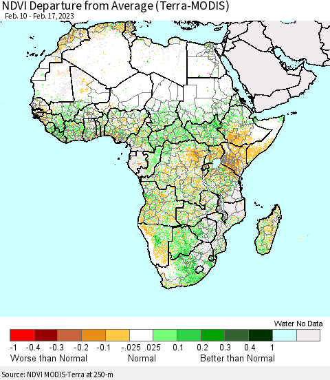 Africa NDVI Departure from Average (Terra-MODIS) Thematic Map For 2/10/2023 - 2/17/2023