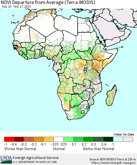Africa NDVI Departure from Average (Terra-MODIS) Thematic Map For 2/11/2023 - 2/20/2023