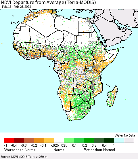 Africa NDVI Departure from Average (Terra-MODIS) Thematic Map For 2/18/2023 - 2/25/2023