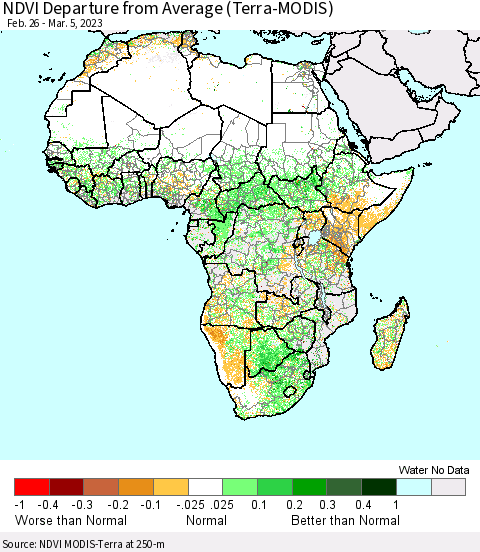 Africa NDVI Departure from Average (Terra-MODIS) Thematic Map For 2/26/2023 - 3/5/2023