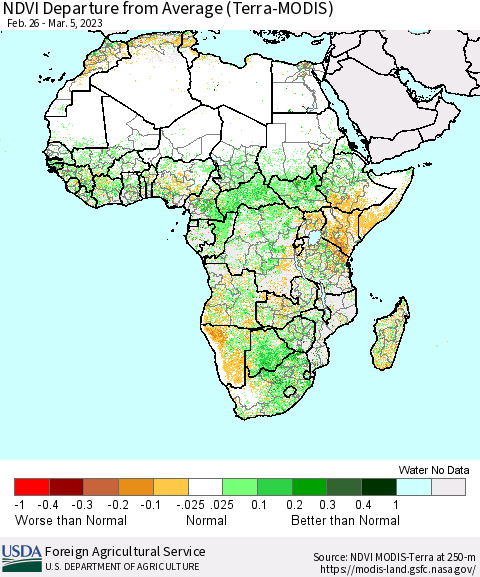 Africa NDVI Departure from Average (Terra-MODIS) Thematic Map For 3/1/2023 - 3/10/2023