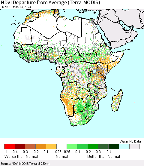 Africa NDVI Departure from Average (Terra-MODIS) Thematic Map For 3/6/2023 - 3/13/2023