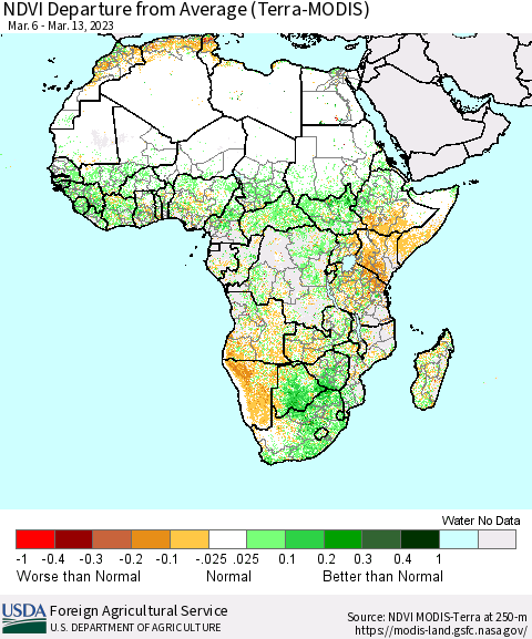 Africa NDVI Departure from Average (Terra-MODIS) Thematic Map For 3/11/2023 - 3/20/2023