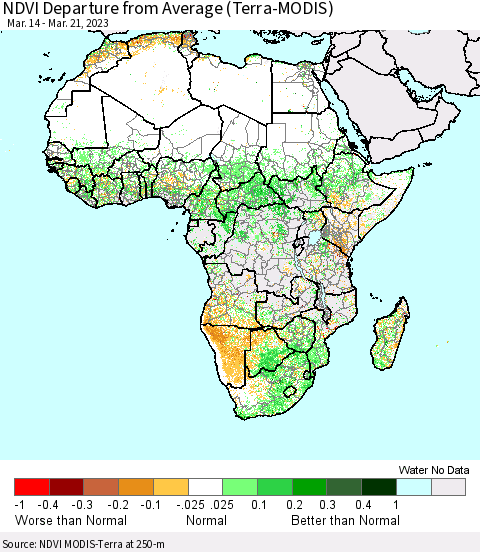 Africa NDVI Departure from Average (Terra-MODIS) Thematic Map For 3/14/2023 - 3/21/2023