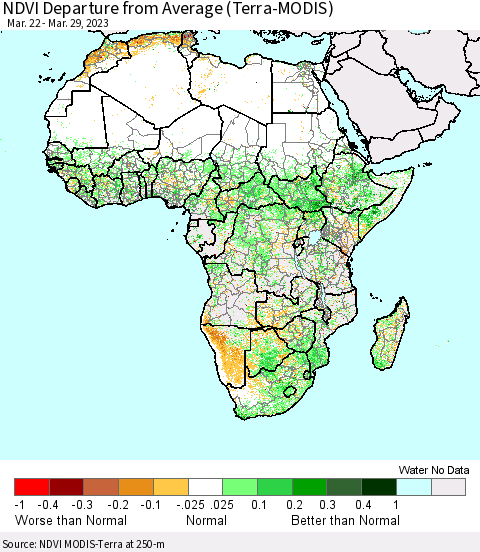 Africa NDVI Departure from Average (Terra-MODIS) Thematic Map For 3/22/2023 - 3/29/2023