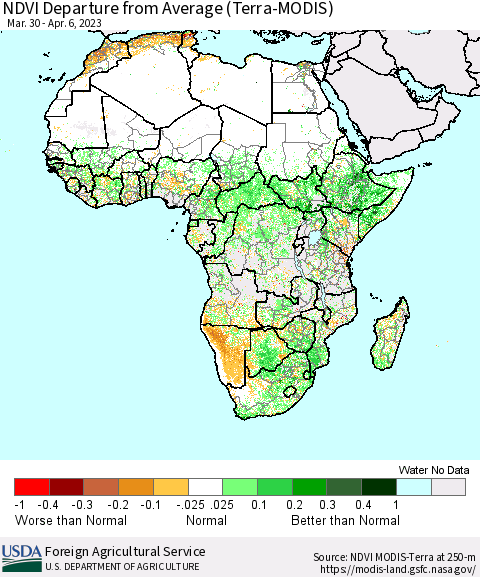 Africa NDVI Departure from Average (Terra-MODIS) Thematic Map For 4/1/2023 - 4/10/2023