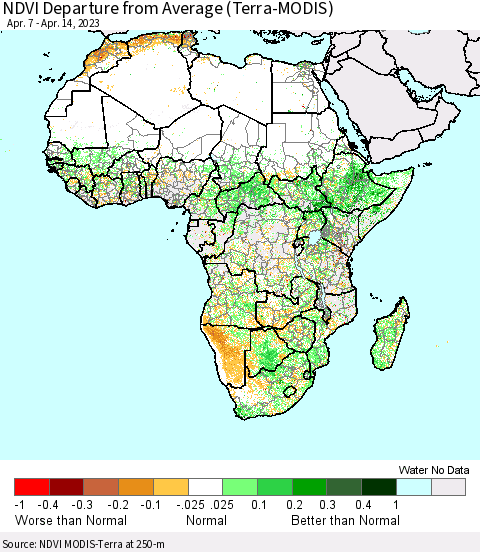 Africa NDVI Departure from Average (Terra-MODIS) Thematic Map For 4/7/2023 - 4/14/2023
