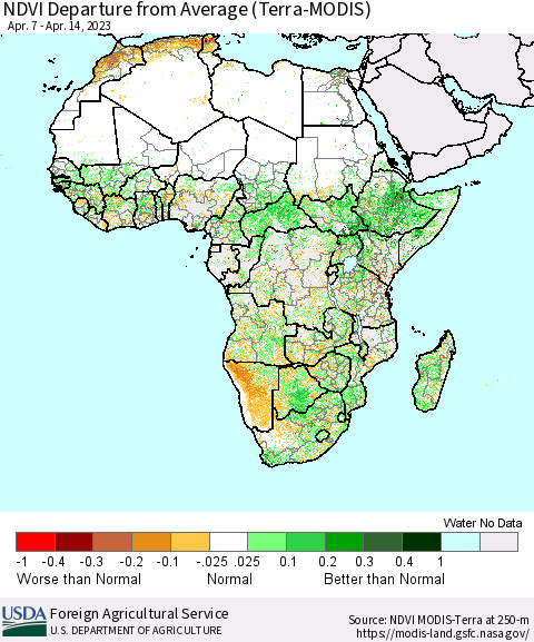 Africa NDVI Departure from Average (Terra-MODIS) Thematic Map For 4/11/2023 - 4/20/2023