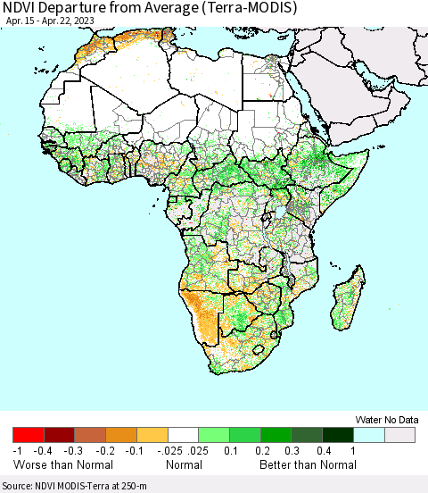 Africa NDVI Departure from Average (Terra-MODIS) Thematic Map For 4/15/2023 - 4/22/2023