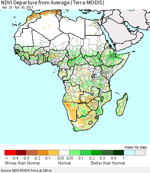 Africa NDVI Departure from Average (Terra-MODIS) Thematic Map For 4/21/2023 - 4/30/2023