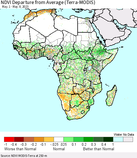 Africa NDVI Departure from Average (Terra-MODIS) Thematic Map For 5/1/2023 - 5/8/2023