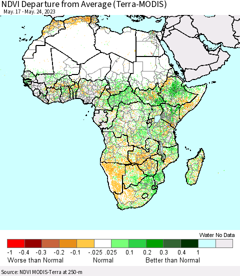 Africa NDVI Departure from Average (Terra-MODIS) Thematic Map For 5/17/2023 - 5/24/2023
