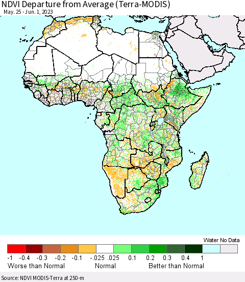 Africa NDVI Departure from Average (Terra-MODIS) Thematic Map For 5/25/2023 - 6/1/2023