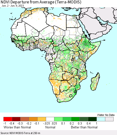 Africa NDVI Departure from Average (Terra-MODIS) Thematic Map For 6/2/2023 - 6/9/2023
