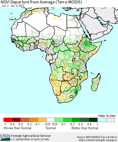 Africa NDVI Departure from Average (Terra-MODIS) Thematic Map For 6/1/2023 - 6/10/2023