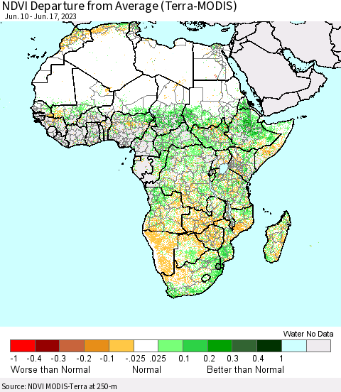 Africa NDVI Departure from Average (Terra-MODIS) Thematic Map For 6/10/2023 - 6/17/2023