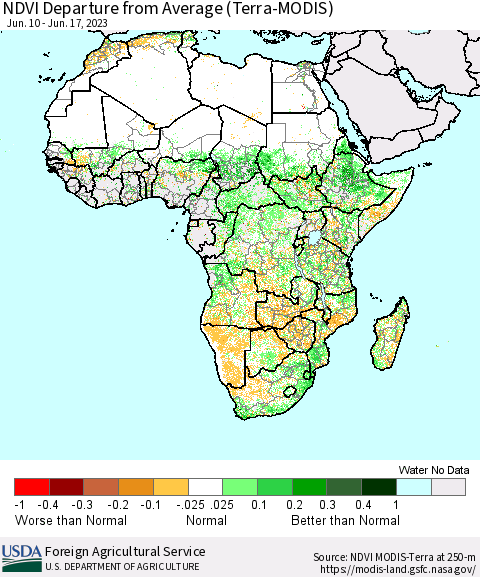 Africa NDVI Departure from Average (Terra-MODIS) Thematic Map For 6/11/2023 - 6/20/2023