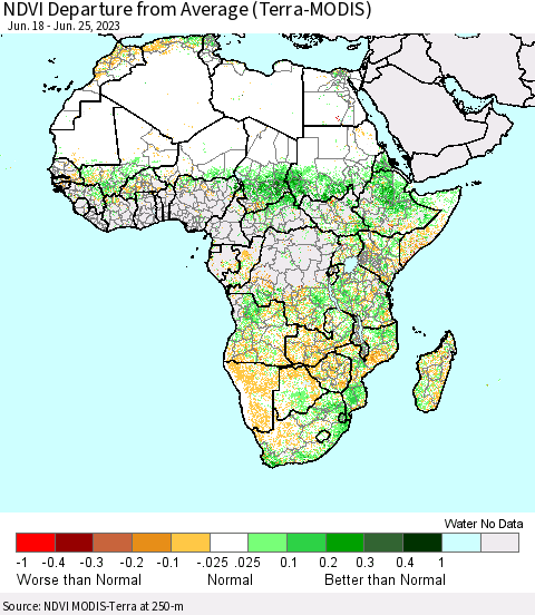 Africa NDVI Departure from Average (Terra-MODIS) Thematic Map For 6/18/2023 - 6/25/2023