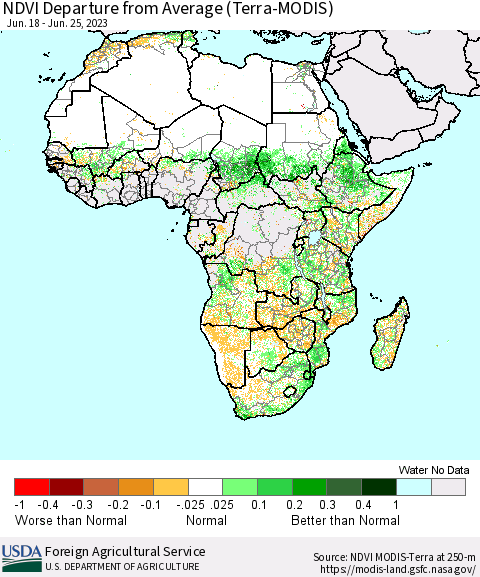 Africa NDVI Departure from Average (Terra-MODIS) Thematic Map For 6/21/2023 - 6/30/2023