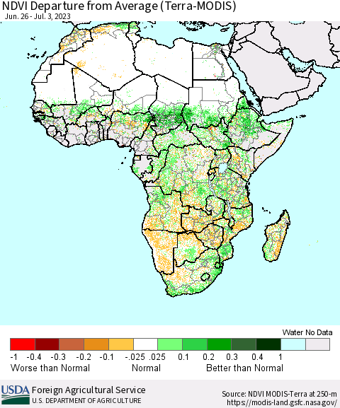 Africa NDVI Departure from Average (Terra-MODIS) Thematic Map For 7/1/2023 - 7/10/2023