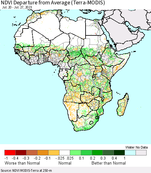 Africa NDVI Departure from Average (Terra-MODIS) Thematic Map For 7/20/2023 - 7/27/2023