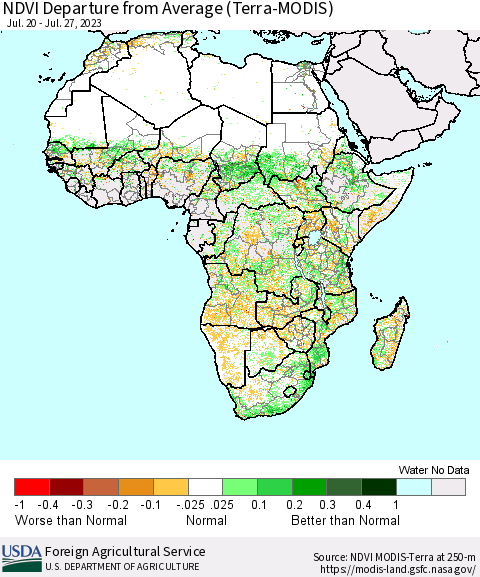 Africa NDVI Departure from Average (Terra-MODIS) Thematic Map For 7/21/2023 - 7/31/2023