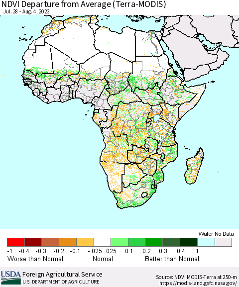 Africa NDVI Departure from Average (Terra-MODIS) Thematic Map For 8/1/2023 - 8/10/2023