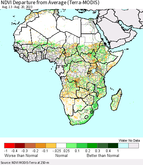 Africa NDVI Departure from Average (Terra-MODIS) Thematic Map For 8/11/2023 - 8/20/2023