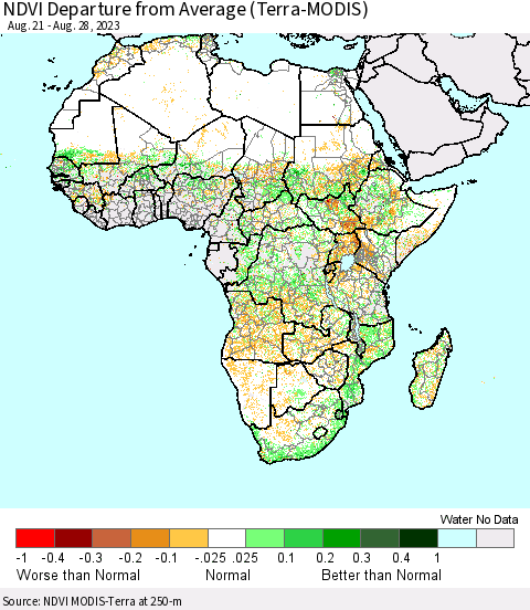 Africa NDVI Departure from Average (Terra-MODIS) Thematic Map For 8/21/2023 - 8/28/2023