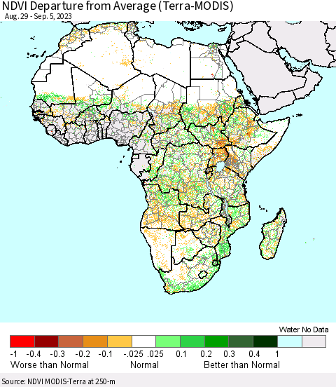 Africa NDVI Departure from Average (Terra-MODIS) Thematic Map For 8/29/2023 - 9/5/2023
