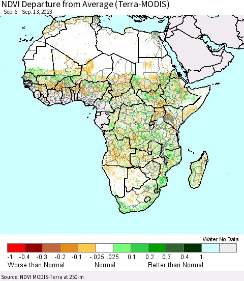 Africa NDVI Departure from Average (Terra-MODIS) Thematic Map For 9/6/2023 - 9/13/2023