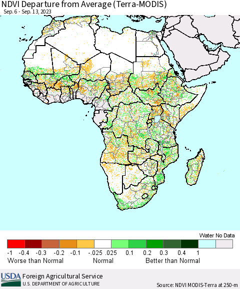 Africa NDVI Departure from Average (Terra-MODIS) Thematic Map For 9/11/2023 - 9/20/2023