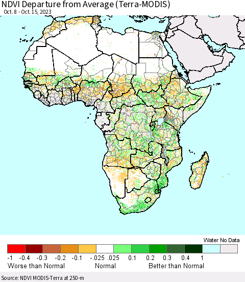 Africa NDVI Departure from Average (Terra-MODIS) Thematic Map For 10/8/2023 - 10/15/2023
