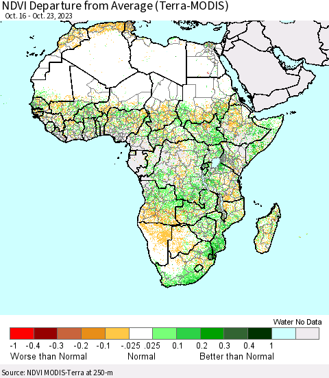 Africa NDVI Departure from Average (Terra-MODIS) Thematic Map For 10/16/2023 - 10/23/2023